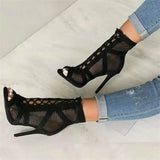 Fashion Show Black Net Peep Toe Heels Sandals for Women - Sexy Lace-Up Pumps 3