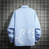 2025 Long Sleeved Shirt Woman Loose Cute Cat Print Japanese Style Harajuku Couple's Top Patchwork Single Breasted Blouses Women 2