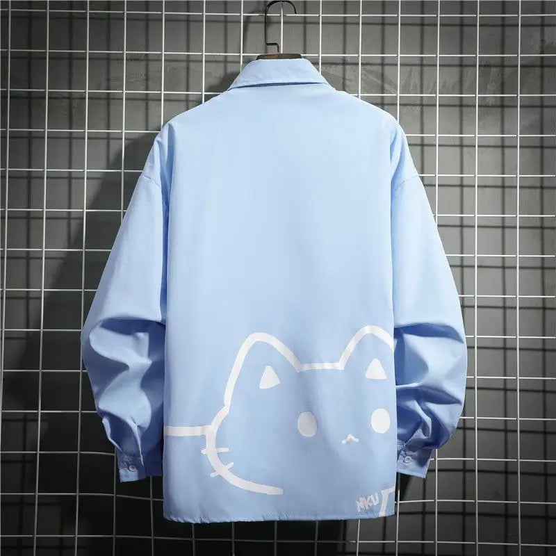 2025 Long Sleeved Shirt Woman Loose Cute Cat Print Japanese Style Harajuku Couple's Top Patchwork Single Breasted Blouses Women 2