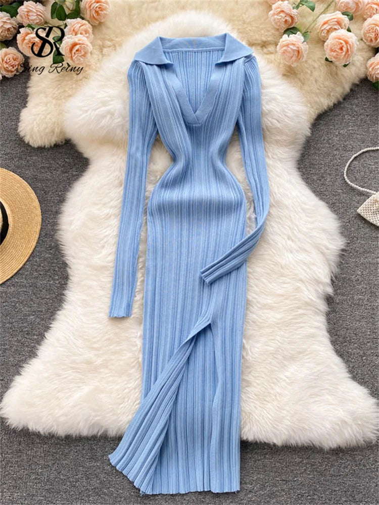 SINGREINY Women Korean Knitted Dress Long Sleeve V Neck Elastic Slim Pencil Dresses 2021 Autumn Sexy Bodycon Split Sweater Dress 6