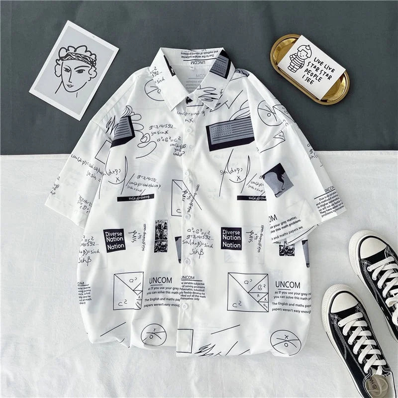 Men Street Fashion Summer Daily Shirt Hawaiian Cartoon Print Casual Loose Shirts 6