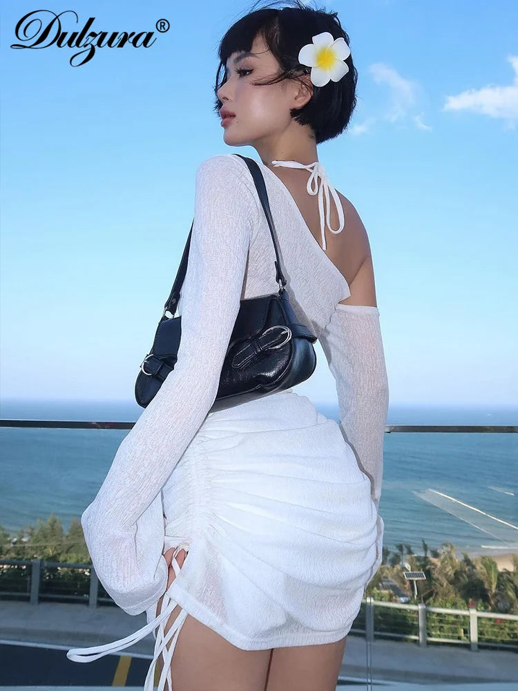 Dulzura Solid Skew Collar Ruched Straps Lace-Up See Through Draw String Mini Dress 2023 Summer  Women Party Clubwear Wholesale 5