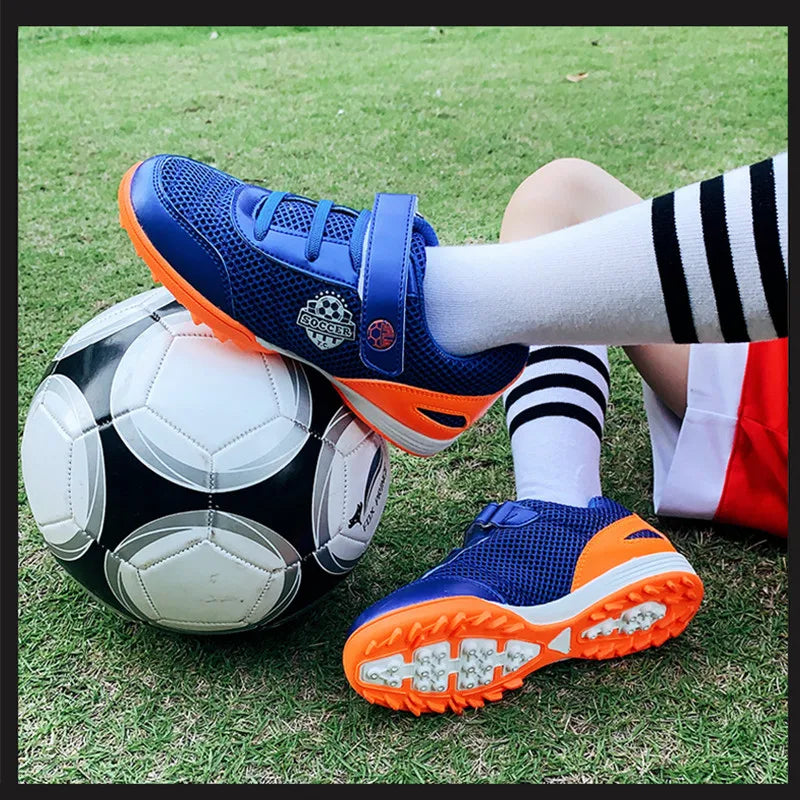 Children Football Shoes Soccer Boots Kids Boy Girl Sneakers New Leather High Top Soccer Cleats Training Outdoor Hook & Loop Mesh 6