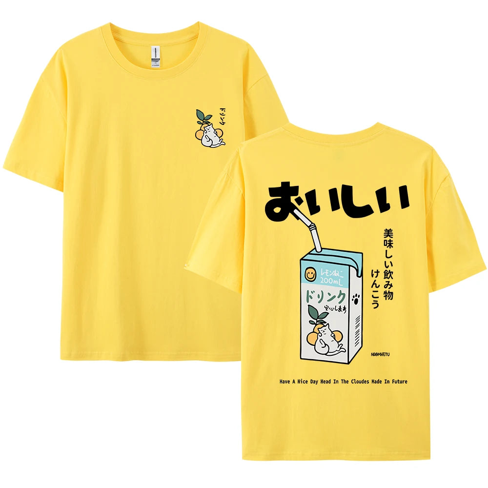 Cute Japanese Cat Print Oversized T-shirt men Women Short Sleeve Loose Casual Tee Shirt Streetwear Tops Cotton Harajuku Clothing