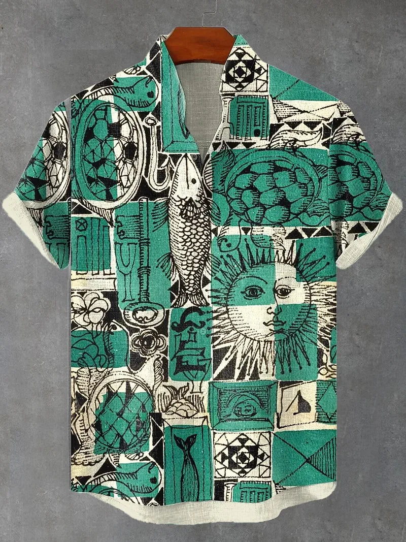 Men's Playful Cat Graphic Button-Down