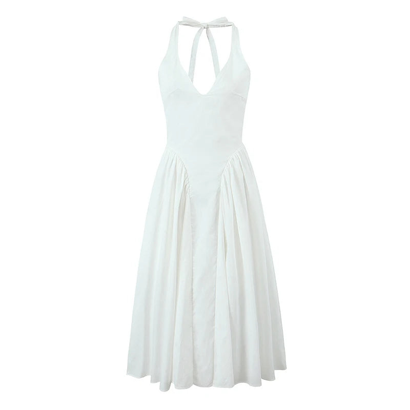 YENKYE Sexy Backless Green Elegant Halter Dress For Women Low Waist A-line Midi Summer Evening Party Dresses Cotton Robe 6