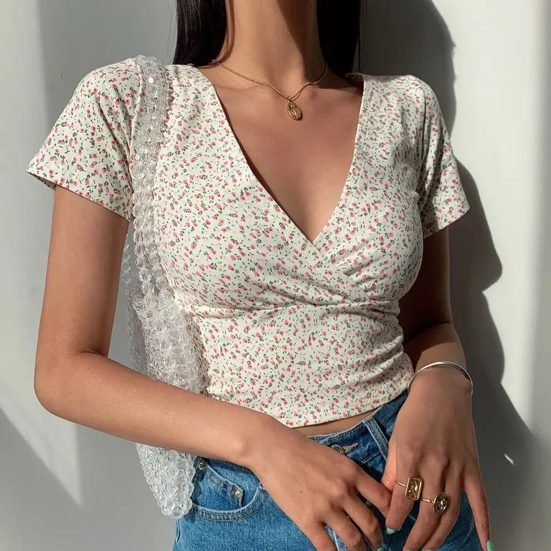 Y2K Vintage Floral Cross Crop Top T-shirt Women Cropped Slim Short Sleeve V-neck Sexy Summer Clothes Tee Shirt Femme Woman Tops 2