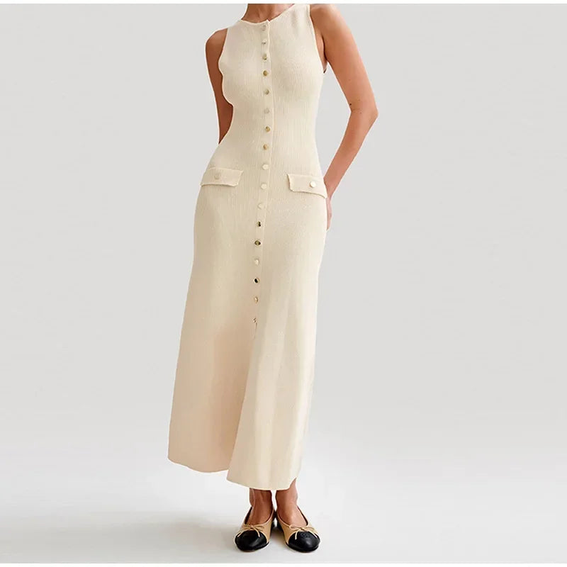 Elegant Lady Knitted Single Breasted Long Dresses Women Solid Sleeveless O Neck Button Bodycon