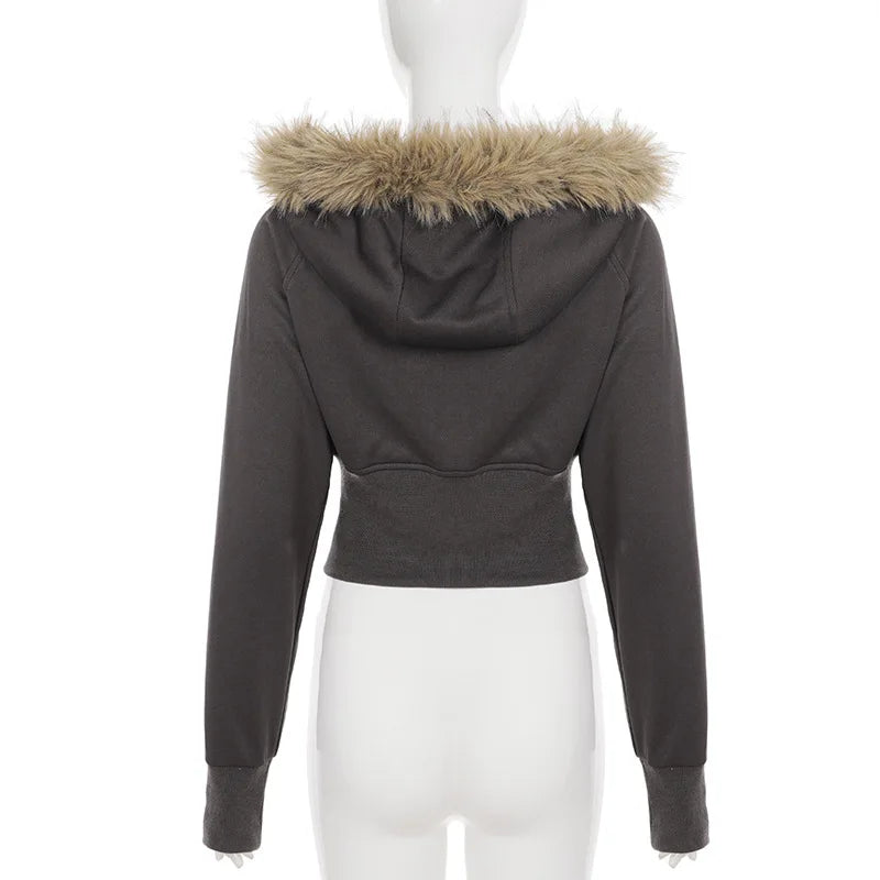 2025 New Autumn Winter Hooded Jackets Fashion Women Long Sleeve Slim Y2K Zipper Vintage Coats High Street Fleece Pocket Outwear 6