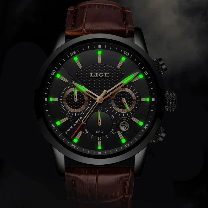 LIGE Mens Watches Luxury Waterproof Military Sport Man Watch Chronograph Genuine Leather Men Quartz Wristwatch Relogio Masculino 4