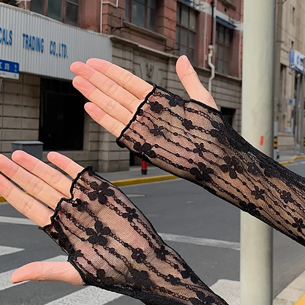 New Long Lace Hollow-Out Fingerless Gloves Sun Protection Sleeves Mesh Lace Thin Cycling Gloves 4