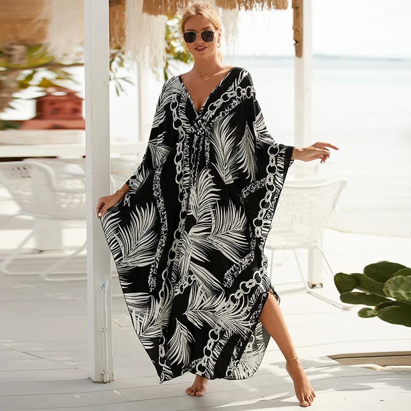 Loose Floral Pleated Kaftan Dresses for Women Wave Neck Swimsuit Cover Up Caftan