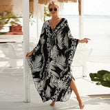 Loose Floral Pleated Kaftan Dresses for Women Wave Neck Swimsuit Cover Up Caftan