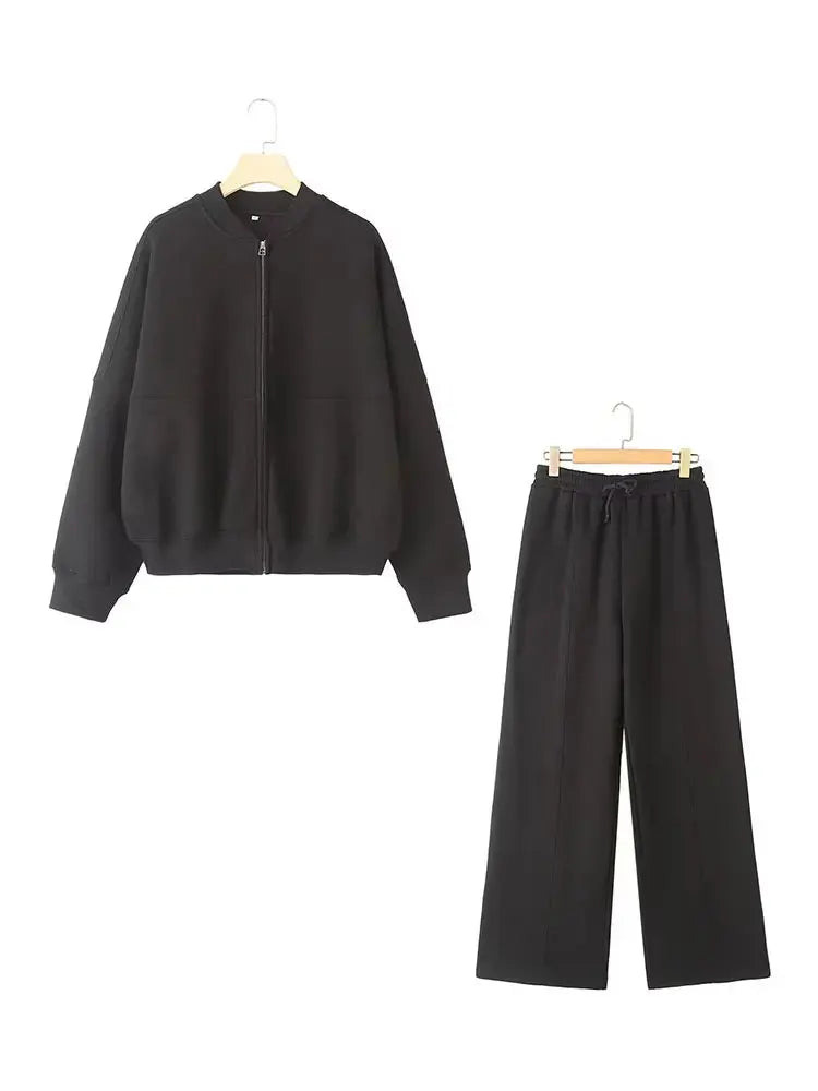 HH Women's Fall 2-Piece Retro Solid Color Zip Bomber Jacket Sweatshirt+High Waist Lace Up Women's Wide Leg Pants Street Wear 6