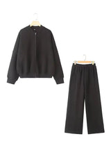 HH Women's Fall 2-Piece Retro Solid Color Zip Bomber Jacket Sweatshirt+High Waist Lace Up Women's Wide Leg Pants Street Wear 6