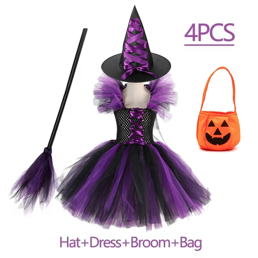 Witch Tutu Kids Halloween Costume Disguise Cosplay Carnival Party Christmas Toddler Girls Princess Dress Prom Gown Dress 4