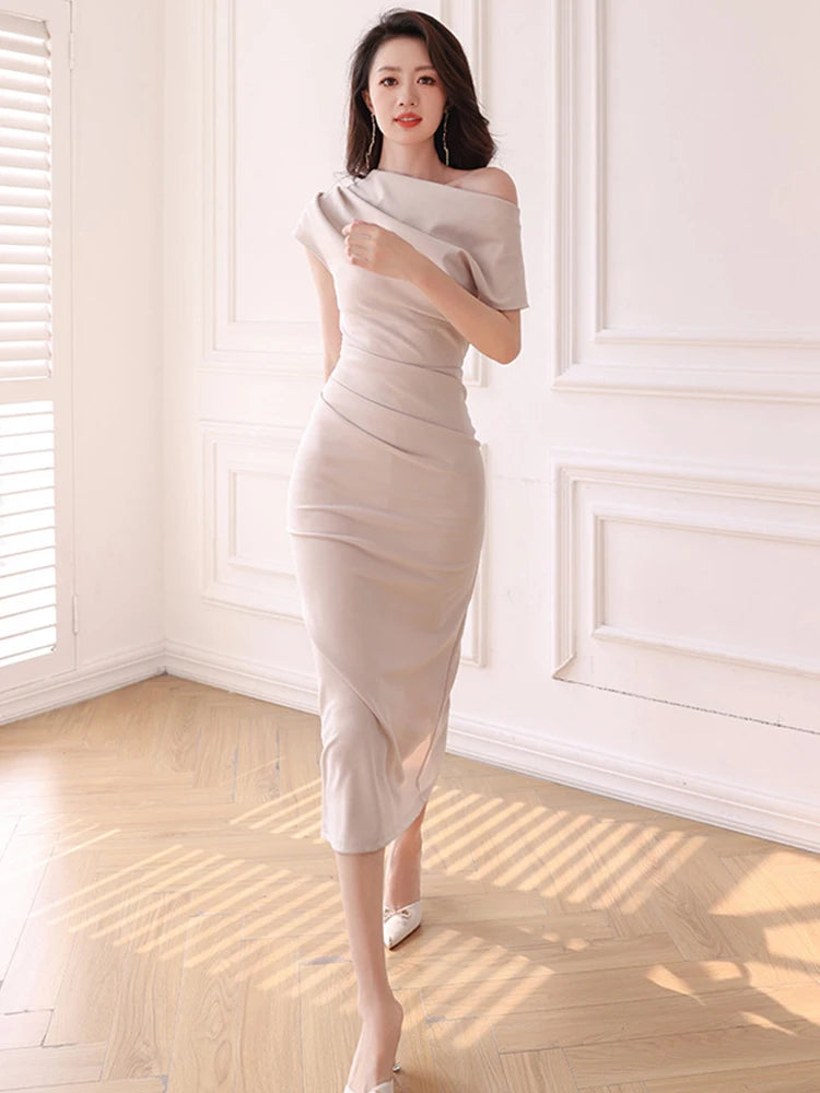 New Summer Elegant Women Evening Dress Chic Solid Sexy Diagonal Collar Folds Slim Midi Party Club Prom Robe Femme Mujer Vestidos 5