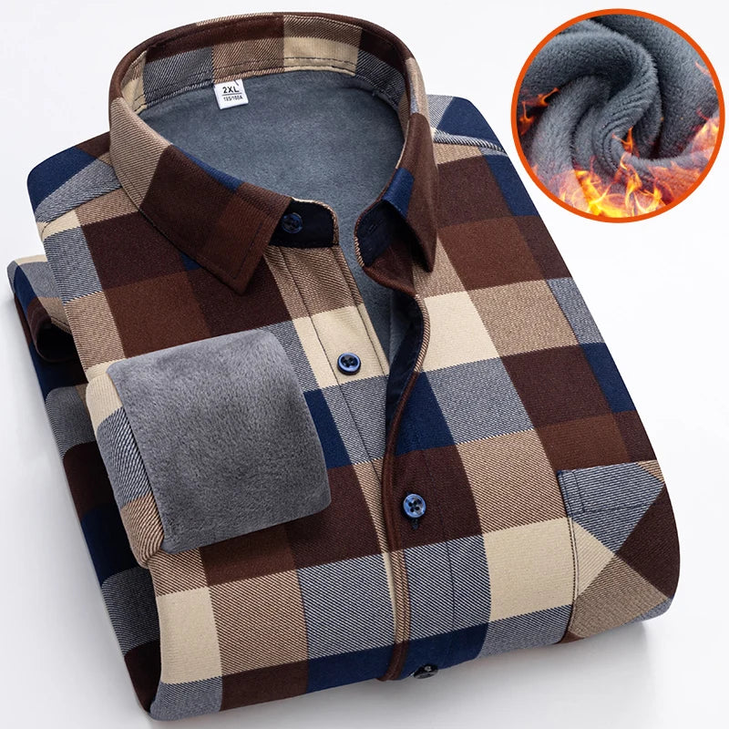 Men's Autumn Winter Thick Fleece Plaid Shirt - Warm Long Sleeve Business Casual
