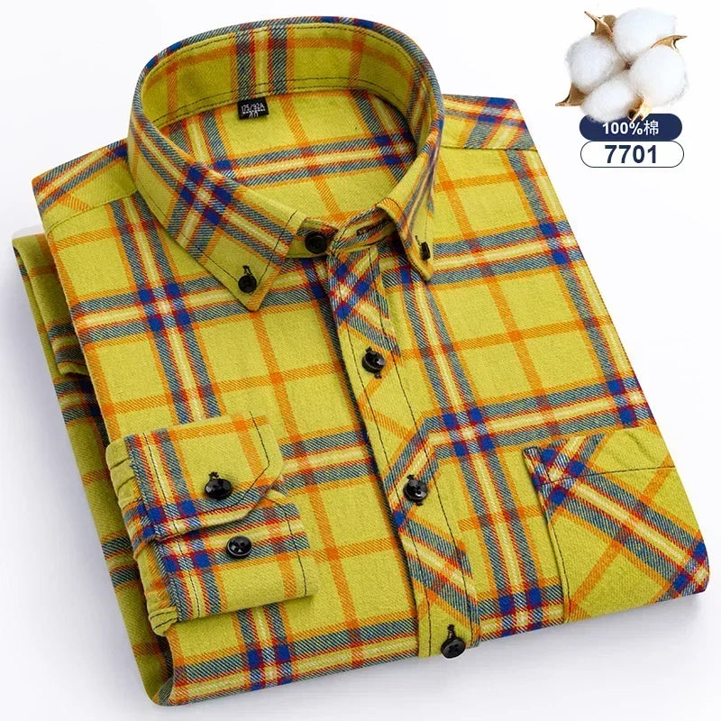 Autumn-Thick-Flannel-Shirt-Plaid-Shirts-Standard-Fit-For-Men-Long-Sleeve-Pure-Cotton-Fashion-Single