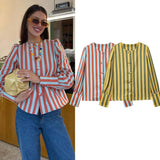 2025 Spring Summer Women's Striped Blouse O-Neck Long Sleeve Bubble Sleeve With Buttons Shirt Fashionable Chic Tops
