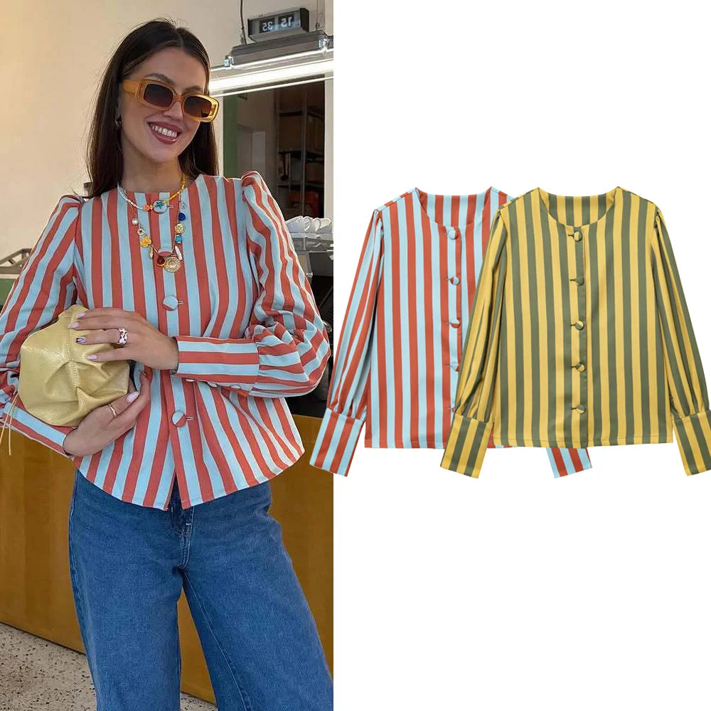 2025 Spring Summer Women's Striped Blouse O-Neck Long Sleeve Bubble Sleeve With Buttons Shirt Fashionable Chic Tops