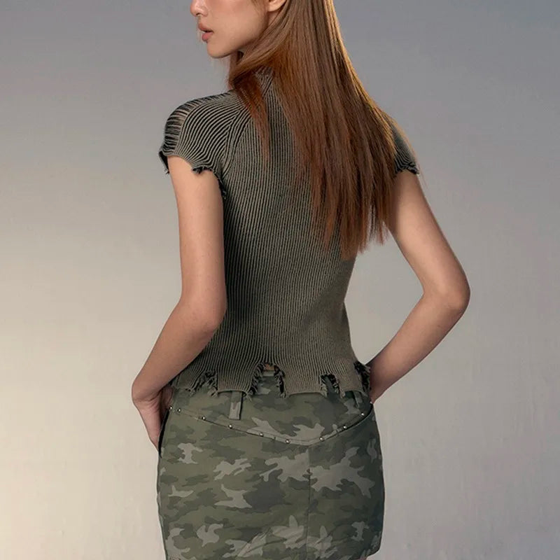 Karrcat Grunge Aesthetics Knitted Top Vintage Distressed T-shirt Punk Broken Crop Top Harajuku Slim Ribbed Tshirt Y2k Streetwear 6