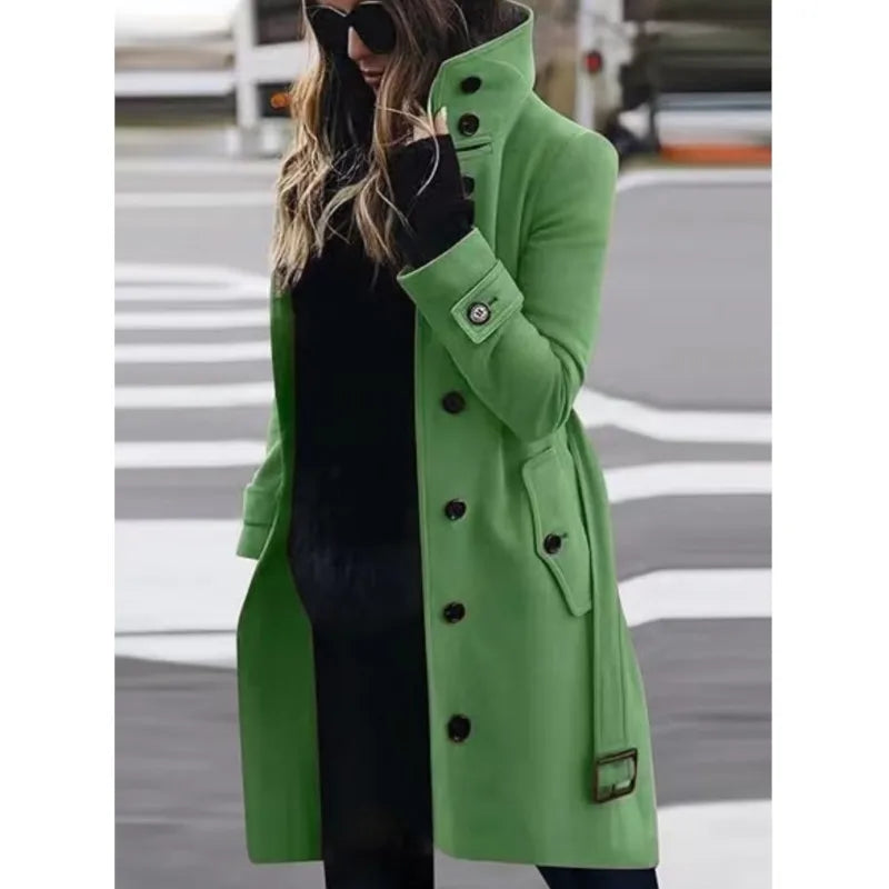 Fashion Commuting Winter Jacket Mid-length Overcoat 2025 Solid color Belt Single-breasted Stand collar for Ladies Office Outfit 6