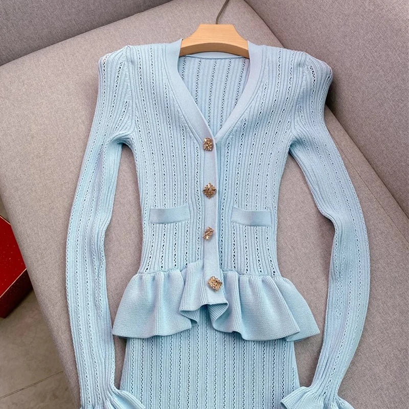 YuooMuoo Brand Fashion One-piece Knitted Maxi Dress Women Elegant V-neck Ruffled Slim Waist Bodycon Sweater Dress Party Vestido 4