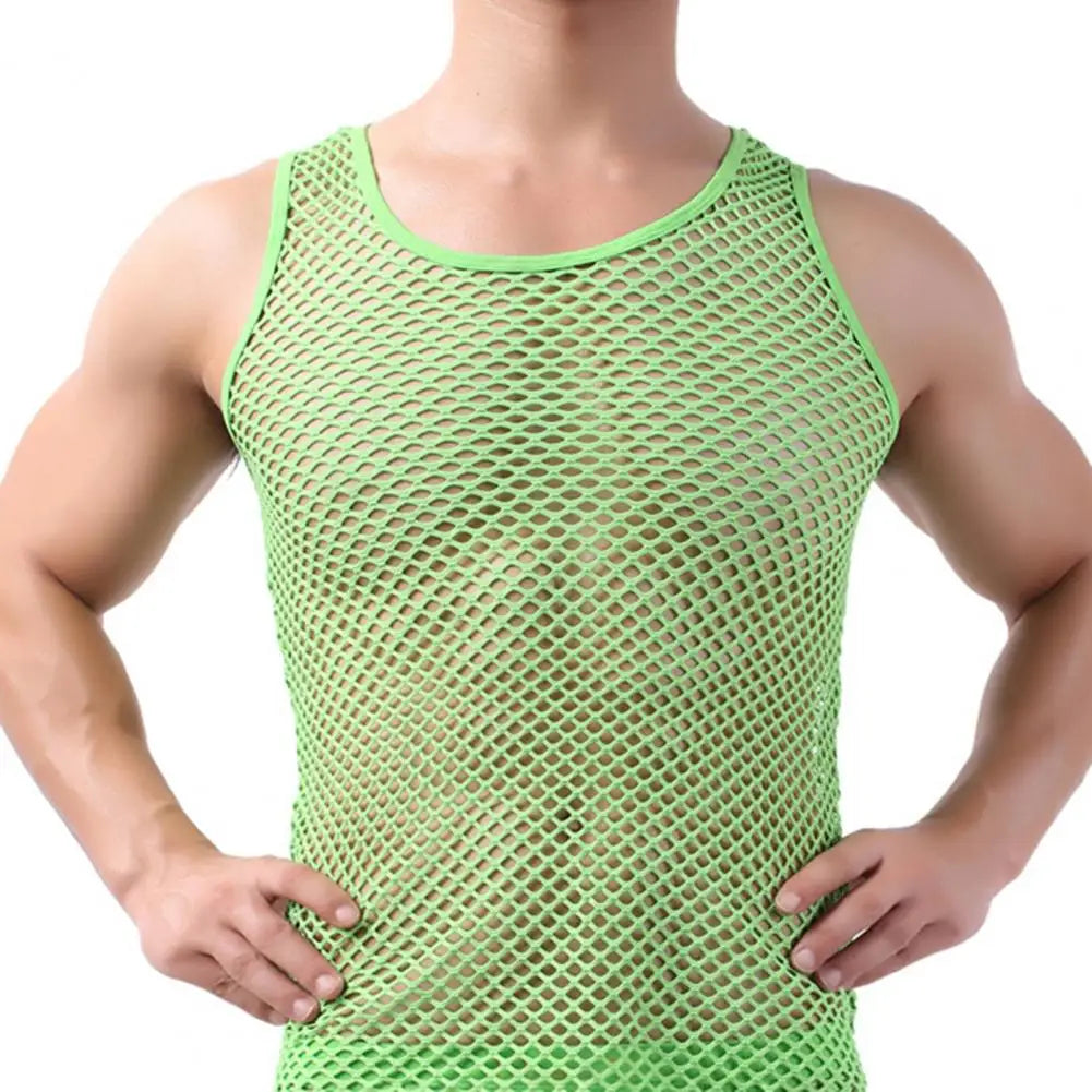 Fishnet Men Sexy Mesh Tank Tops Transparent Sleep Tops 4