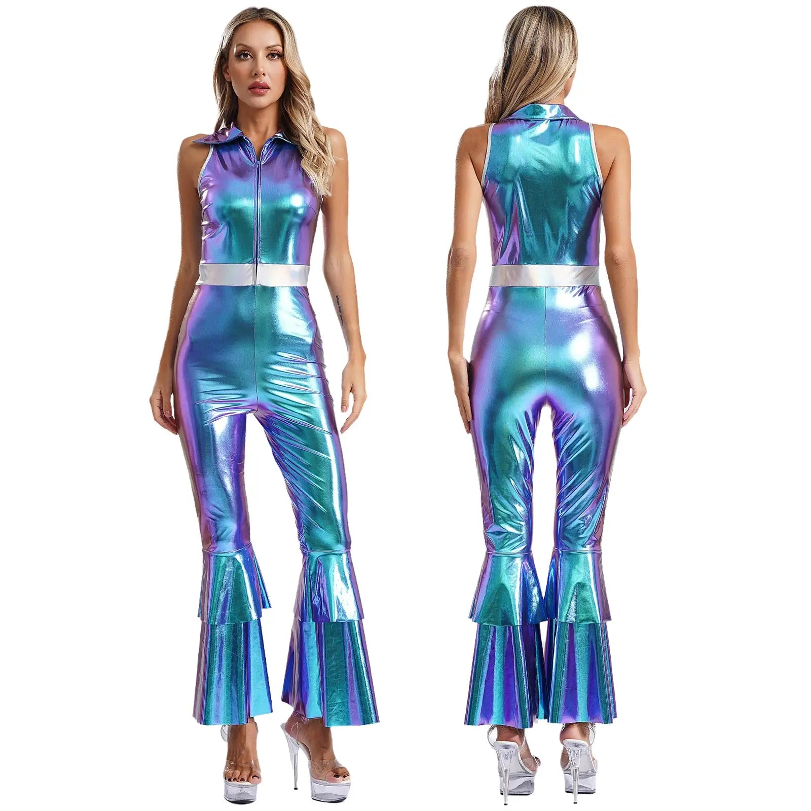 Women's 70s Disco Jumpsuit | Metallic Shiny Bell Bottom Jumpsuit | Halloween Costume, Rave Outfit