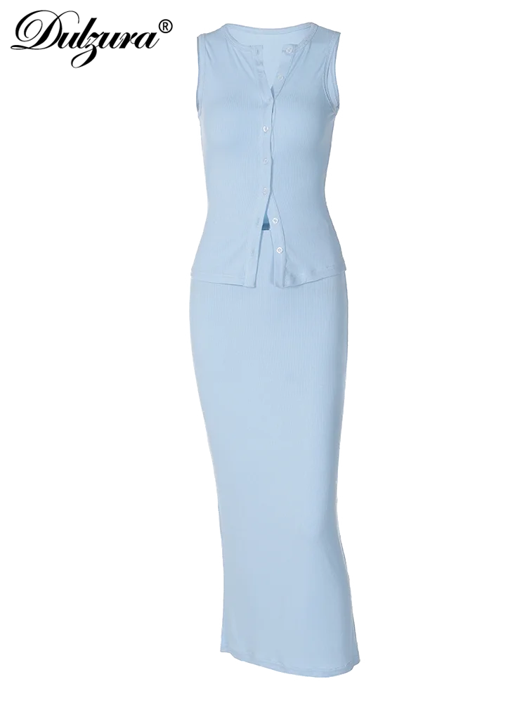 Dulzura Matching Suit Sleeveless Ribbed Single-Breasted Top Shirt Maxi Skirt 2024 Spring Summer Women'S Clothing Sexy Streetwear 6