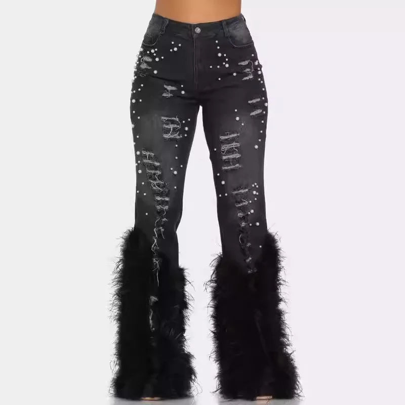Women's Vintage Feather Tassel Jeans | High Waist Skinny Fit | Distressed Denim, Hollow Out Details | Y2K Streetwear 6