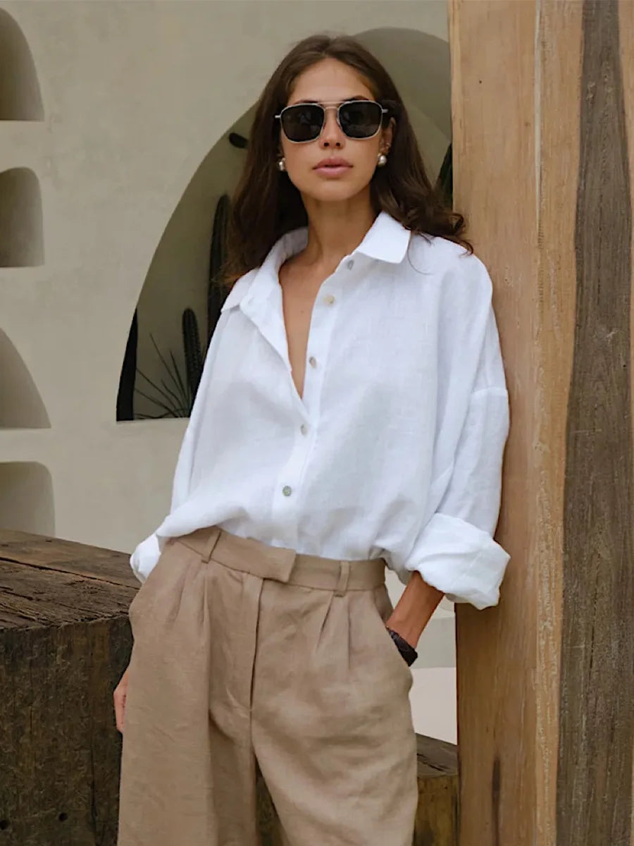 Bornladies 100% Cotton Spring Summer Versatile Lazy Casual Shirt Women's Fashionable Solid Color Loose Shirt Cardigan Shirt 3