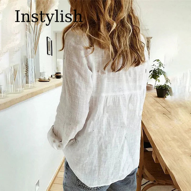 Elegant Cotton Linen Shirts Women Casual Solid Button Lapel Blouses Shirts Autumn Winter Long Sleeve Loose Tops Tunic Blusas 4