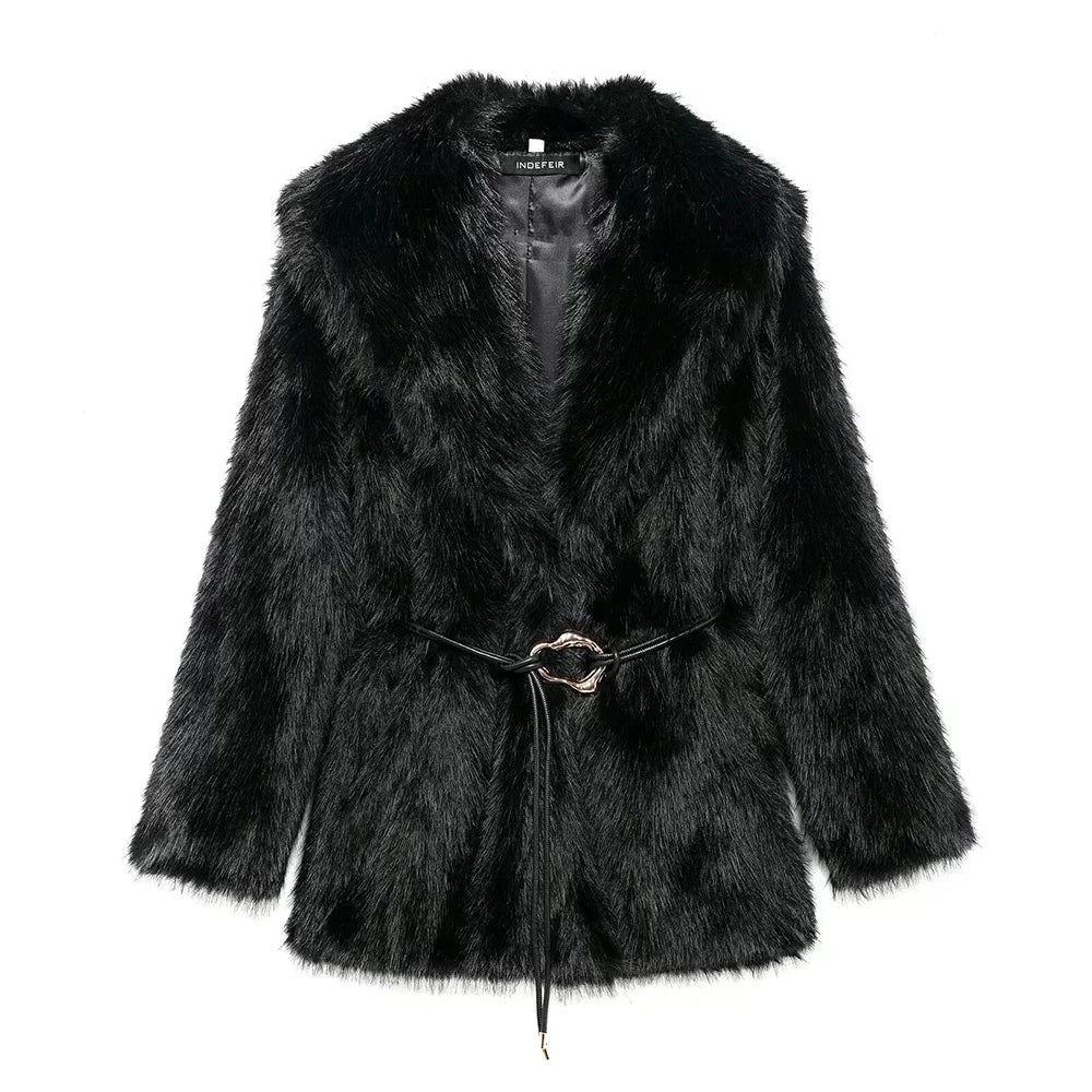 Women's Belt Decoration Collar Solid Color Medium Long Coat Autumn/Winter New Long Sleeve Loose Coat 2