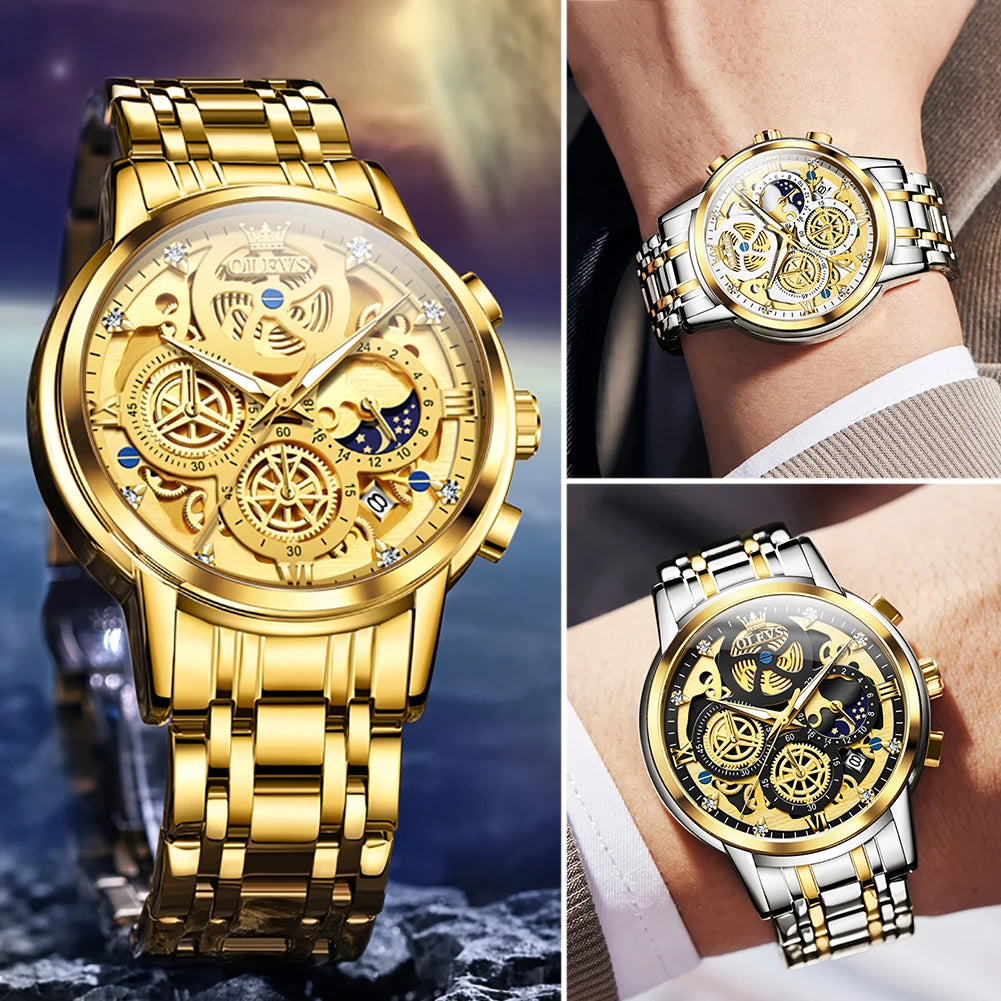 Men's Watches Top Brand Luxury Original Waterproof Quartz Watch for Man Gold Skeleton Style 24 Hour Day Night New 4