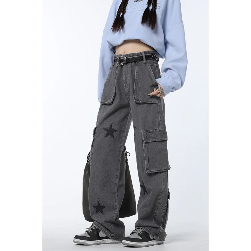 Vintage Grey High Waist Women Jeans Straight Baggy Denim Pants Stars American Fashion Streetwear Wide Leg Jean Female Trouser 5