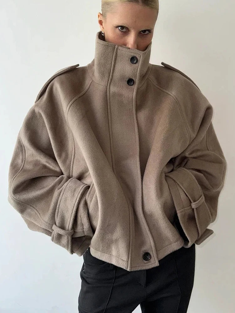 FSMG Vintage Loose Stand Collar woolen coat For Women Casual Solid Full Sleeve warm Cropped Overcoat Fashion High Street Outwear 5