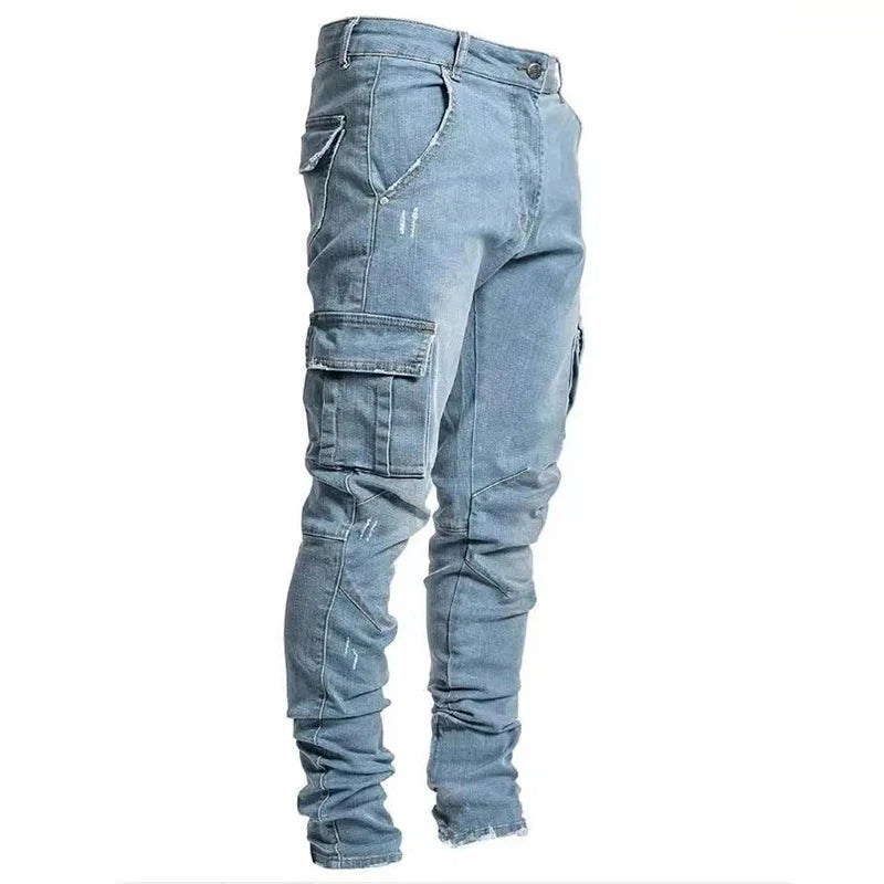 Men's Elastic Denim Cargo Joggers - Slim Fit Streetwear Pants with Multiple Pockets 3