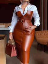 Autumn Women's Belted Midi Shirt Dress - PU Leather Patchwork Long Sleeve Lapel Dress 3