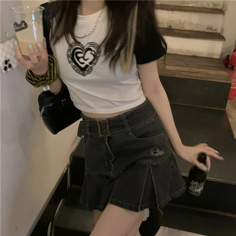 Kawaii Hot Girl Denim Skirt Womens Pleated Skirt Y2k  Fashion Casual College Style High Waist Slim Goth Mini A Word Short Skirt 5