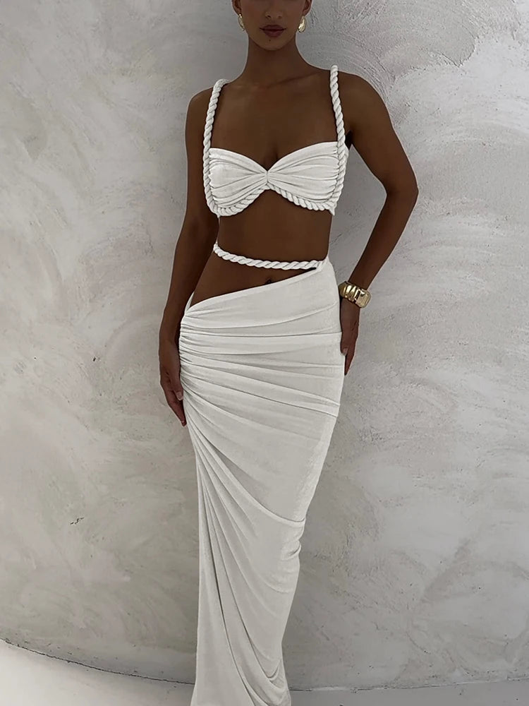 Chic Pleated Two-Piece Vacation Set: Crop Camisole & Maxi Skirt