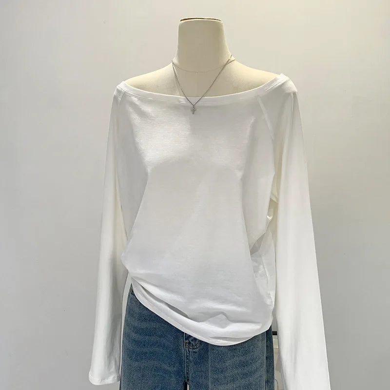 Autumn Winter One Shoulder Cotton Long Sleeve Slant Shoulder Women's Clothing Style Interior Wide Truffle Shoulder Base Shirt 2