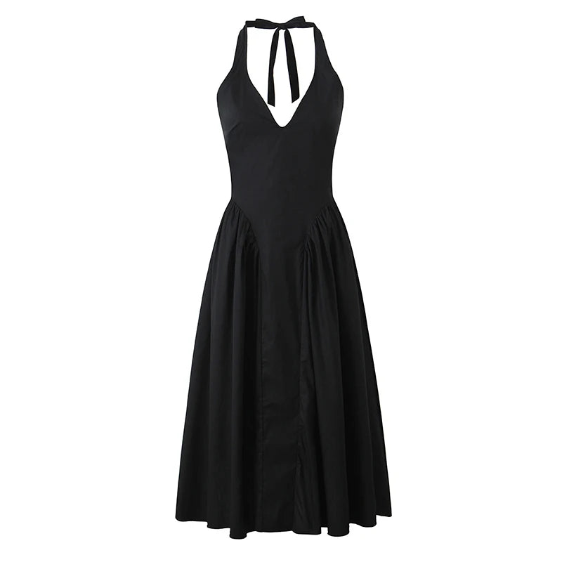 YENKYE Sexy Backless Green Elegant Halter Dress For Women Low Waist A-line Midi Summer Evening Party Dresses Cotton Robe 5
