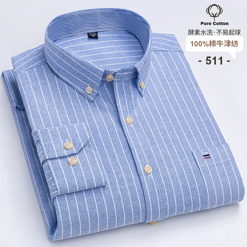 100-Cotton-Oxford-Men-s-Shirts-Long-Sleeves-Plaid-Soft-Regular-Fit-Formal-Dress-Shirt-Pocket