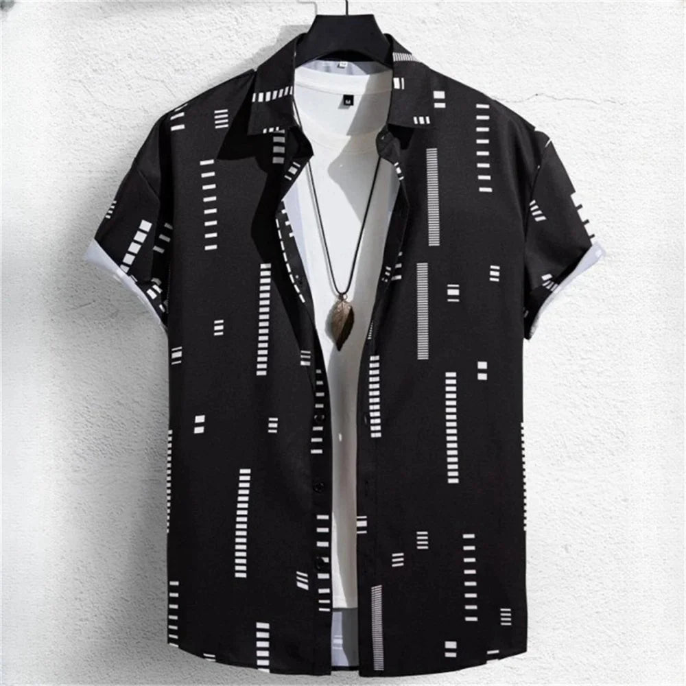 3D Printed Men's Lapel Shirt - Geometric Design, Short Sleeve Hawaiian Style