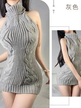 Lingerie Women's Sexy Hollow Out Mature Bvold Deep V High Neck Knitted Short Sweater Open Back Open Chest Temptation Dress T39G 6