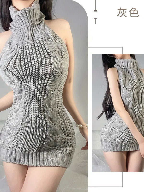 Lingerie Women's Sexy Hollow Out Mature Bvold Deep V High Neck Knitted Short Sweater Open Back Open Chest Temptation Dress T39G 6