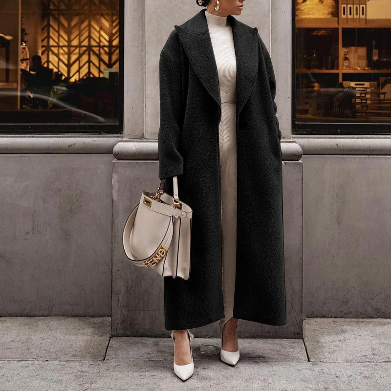 Women Wool Coat Turn Down Collar Solid Long Jacket Single Button Warm Thick Blends Pocket Full Sleeve Jacket Autumn Winter 6