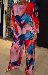 2 Piece Women's Printed Satin Pant Set - Round Neck 3/4 Sleeve Summer Outfit 4